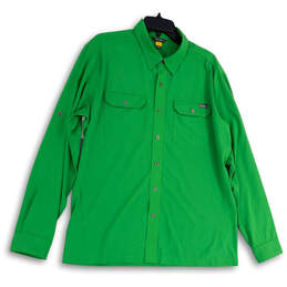 Womens Green Long Sleeve Pockets Collared Button-Up Shirt Size Large