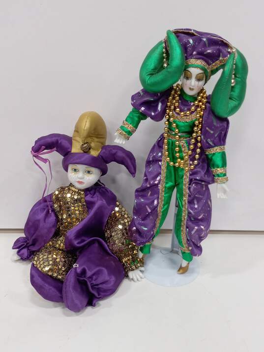 2 Mardi Gras Purple Jester Dolls W/ Porcelain Heads image number 1