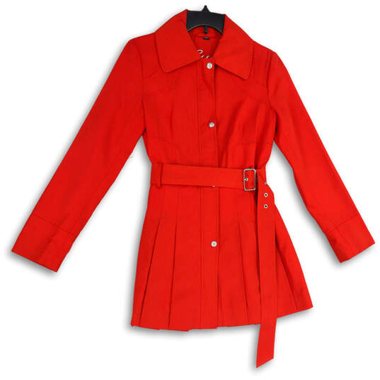 Buy the Womens Red Pleated Spread Collar Long Sleeve Midi Trench Coat ...