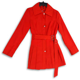 Womens Red Pleated Spread Collar Long Sleeve Midi Trench Coat Size Small