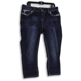 Womens Blue Denim Medium Wash Embroidered Straight Leg Jeans Size 16W