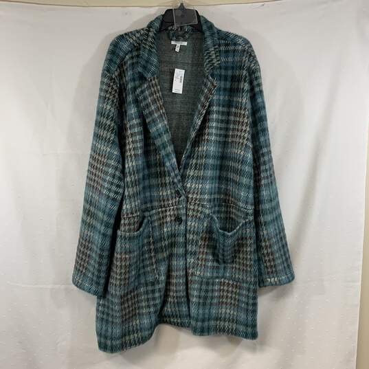 Women's Teal Check Maurices Fuzzy Duster Cardigan, Sz. 3X image number 1