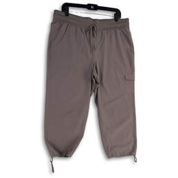 Womens Gray Elastic Waist Drawstring Cargo Pocket Capri Pants Size L