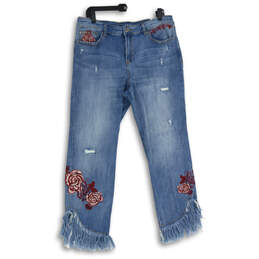 Womens Blue Denim Flower Embroidered Fringed Cropped Jeans Size 16