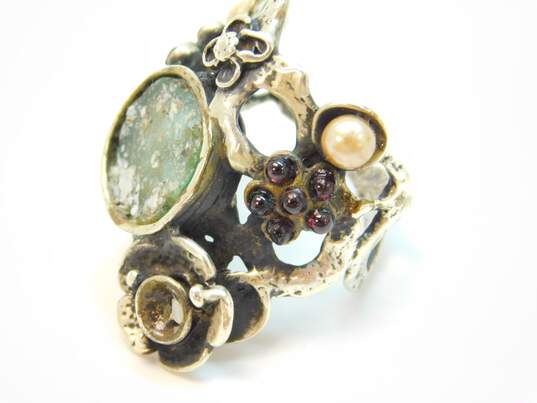 Rustic Artisan 925 Roman Glass Pearl Garnet Floral Ring 11.7g image number 6