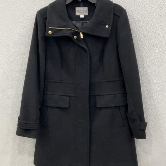 Womens Black Wool Collared Flap Pockets Full-Zip Trench Coat Size 12 image number 1