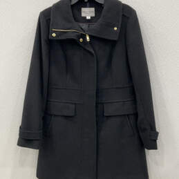 Womens Black Wool Collared Flap Pockets Full-Zip Trench Coat Size 12