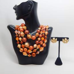 VNTG Boucher Gold Tone Clip-On Earrings & Orange Fashion Necklaces 119.0g