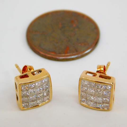 14K Yellow Gold 0.48 CTTW Pave Set Princess Cut Diamond Stud Earrings 2.1g image number 5