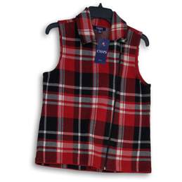 NWT Chaps Womens Red Plaid Spread Collar Asymmetric Zip Vest Size MP