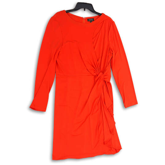 Womens Red Round Neck Long Sleeve Side Drape Sheath Dress Size 16 image number 1