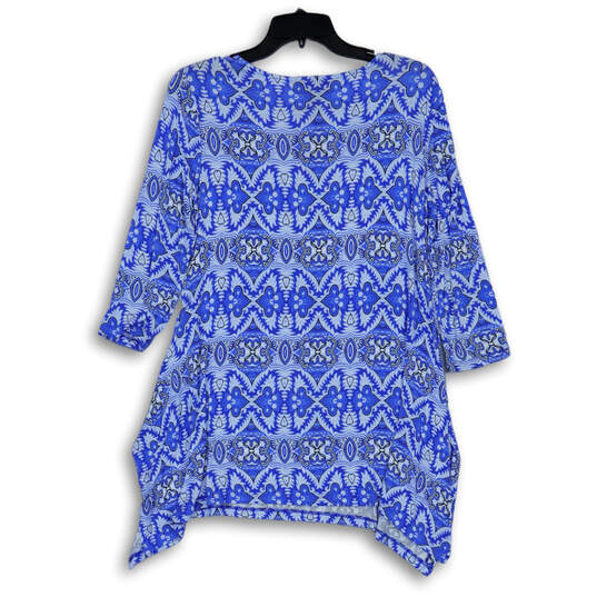 Womens Blue Geometric Front Keyhole 3/4 Sleeve Side Slit Tunic Top Size S image number 2