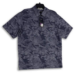 NWT Mens Blue Jacquard Short Sleeve Spread Collar Side Slit Polo Shirt Sz L