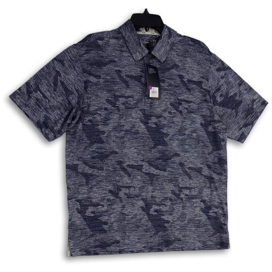 NWT Mens Blue Jacquard Short Sleeve Spread Collar Side Slit Polo Shirt Sz L image number 1