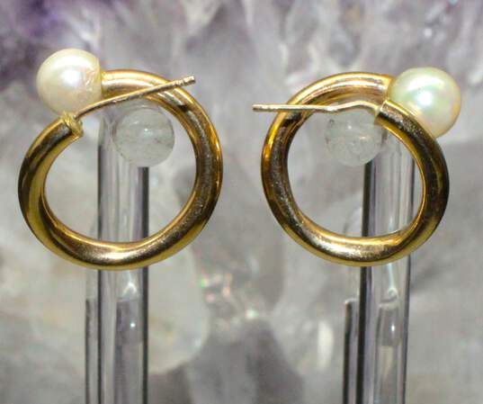 14K Yellow Gold Pearl Curled Hoop Earrings - 1.7g image number 4