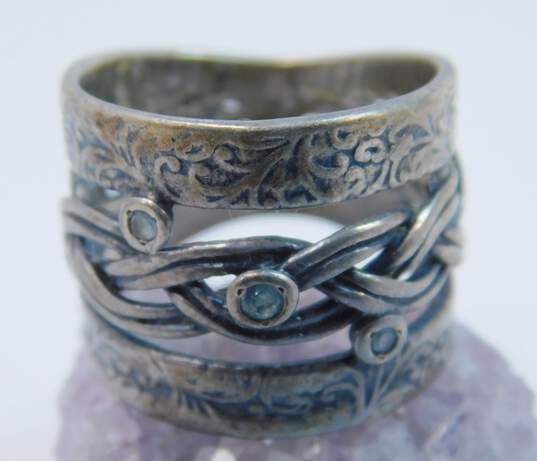 Didae Israel & Artisan 925 Aqua Accented Braided & Filigree Stamped Wide & Vermeil Heart Scrolled Band Rings 10g image number 2