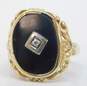 Vintage 10k Yellow Gold Scrolled Onyx Centered Diamond Accent Ring 3.2g image number 2
