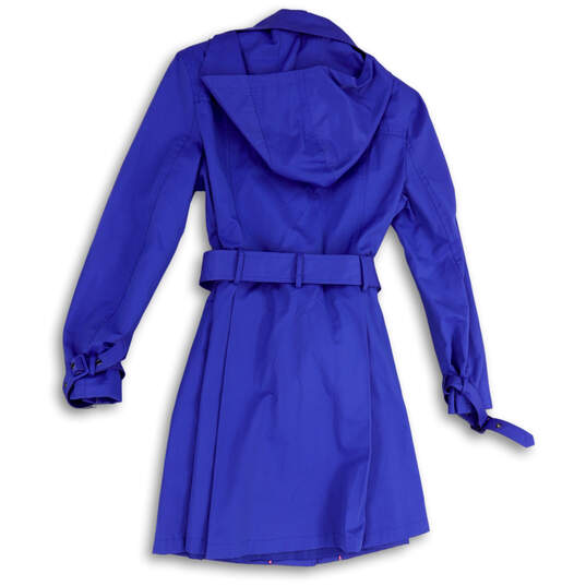 NWT Womens Blue Long Sleeve Pockets Collared Hooded Belted Trench Coat Sz M image number 2