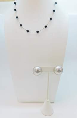 Taxco Mexico & Artisan 925 Onyx Ball Beaded Station Liquid Silver Necklace & Modernist Dome Clip On Earrings 16.6g