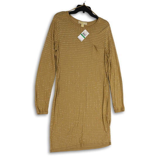 NWT Womens Gold Studded Long Sleeve Front Pocket Short Sheath Dress Size L image number 1