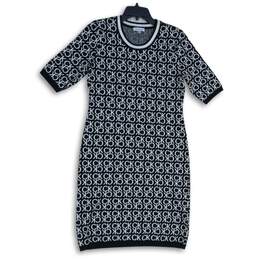 Calvin Klein Womens Black White Signature Print Short Sleeve Shift Dress Size M