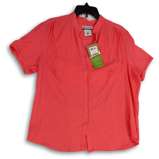NWT Womens Pink Mandarin Collar Short Sleeve Button-Up Shirt Size 1X image number 1