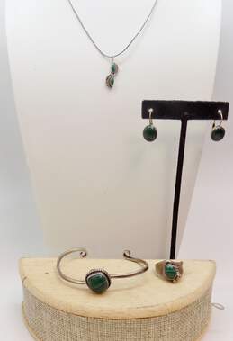 Artisan 925 Malachite Swirl Pendant Necklace Oval Drop Earrings Granulated Ring & Scrolled Cuff Bracelet 27g
