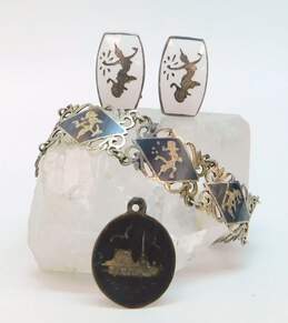 Vintage 925 Siam Sterling Black & White Enamel Clip-On Earrings Pendant & Panel Bracelet 27.6g