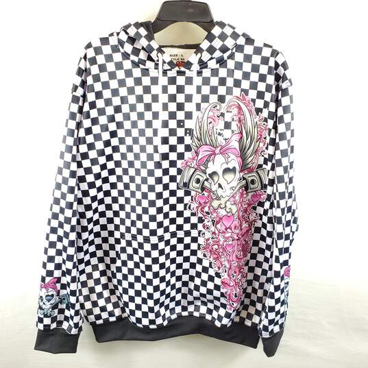 Psycho Speed Women White Checkered Skull Sweater L image number 1