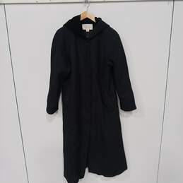 Vintage Womens Black Woolen Long Sleeve Pockets Hooded Pea Coat Size 6