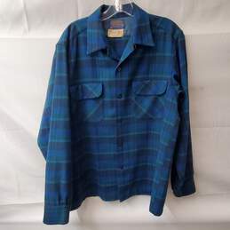 Vintage Pendleton Dark Green & Blue Wool Flannel Button Up Shirt Size M