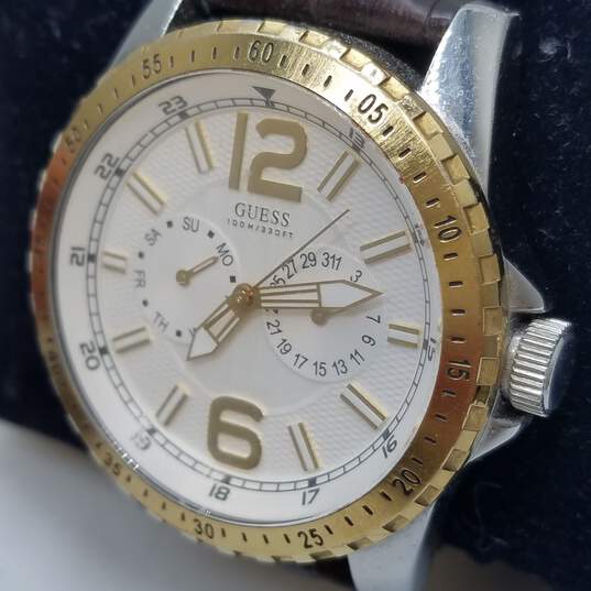 Guess Vintage Design Gold tone Bezel 43mm Case Chronograph Leather Band Mens Quartz Watch image number 3