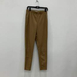 Womens Brown Leather Elastic Waist Pull On Skinny Leg Ankle Pants Size 4