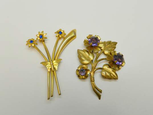 Vintage Gold Tone Purple Glass & Blue Rhinestone Floral Spray Statement Brooches 40.1g image number 1