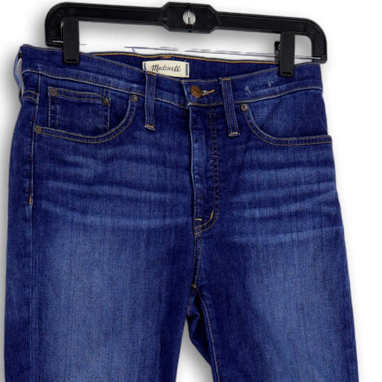 Womens Blue Denim Medium Wash 5-Pocket Design Raw Hem Bootcut Jeans Size 28 image number 3