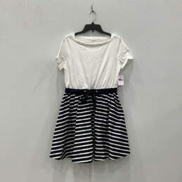 NWT Womens White Blue Striped Short Sleeve Round Neck Fit & Flare Dress M alternative image