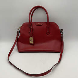 Womens Red Leather Charm Crossbody Strap Zipper Tate Dome Satchel Bag