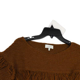 Womens Brown Fringed Round Neck Long Sleeve Pullover Sweater Size Small