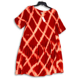 NWT Womens Red Tie-Dye Round Neck Short Sleeve Drop Waist Shift Dress Sz M
