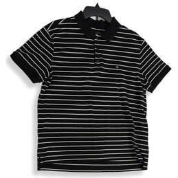 Mens Black White Striped Spread Collar Short Sleeve Polo Shirt Size Large