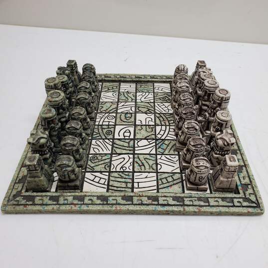 Carved Stone Aztec Themed Chess Set image number 1