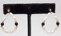 14K Yellow Gold Faux Pearl & Onyx Earrings 2.5g