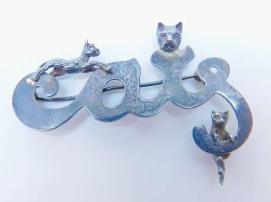 Vintage MEOW Sterling Silver Cats Brooch 8.2g image number 1
