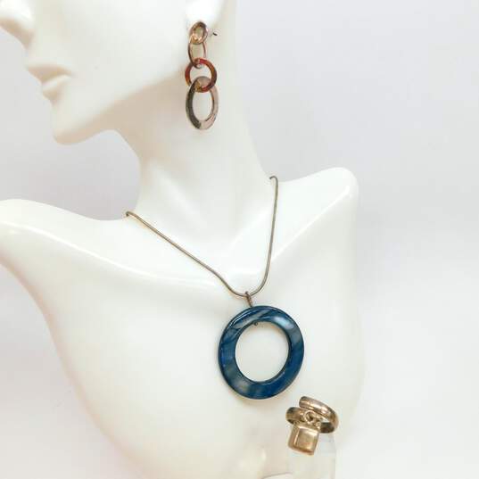 Artisan 925 Blue Shell Pendant Necklace Linked Circles Drop Post Earrings & Chunky Cube Charm Band Ring 23.8g image number 1