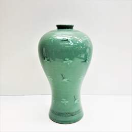 Korean Celadon Pottery  13in H  Crane Pattern Crackle Vase