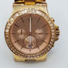 Michael Kors 40mm Case Size Pink Baguette Crystal Bezel Gold Tone Chronograph Stainless Steel Quartz Watch