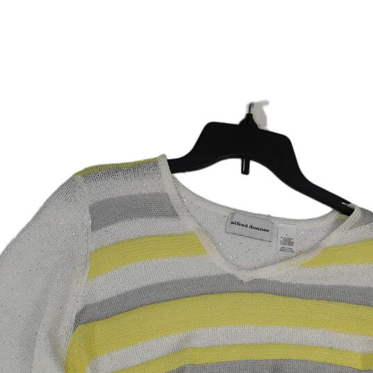Womens White Yellow Striped Knitted 3/4 Sleeve V-Neck Pullover Sweater Sz L image number 3