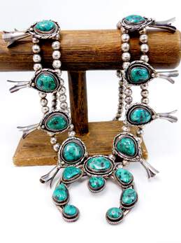 Vintage Navajo Unsigned 925 Sterling Silver Turquoise Naja Squash Blossom Statement Necklace