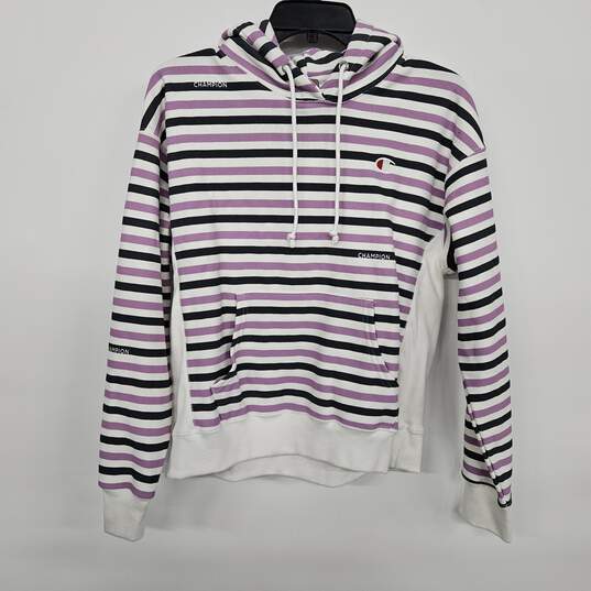 Purple Striped Reverse Weave Pullover Hoodie image number 1