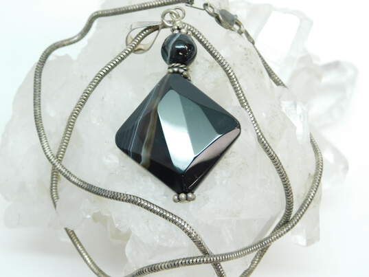 Rustic 925 Black Banded Agate Square Ball & Granulated Pendant Snake Chain Necklace & Bali Style Cuff Bracelet 31.5g image number 7